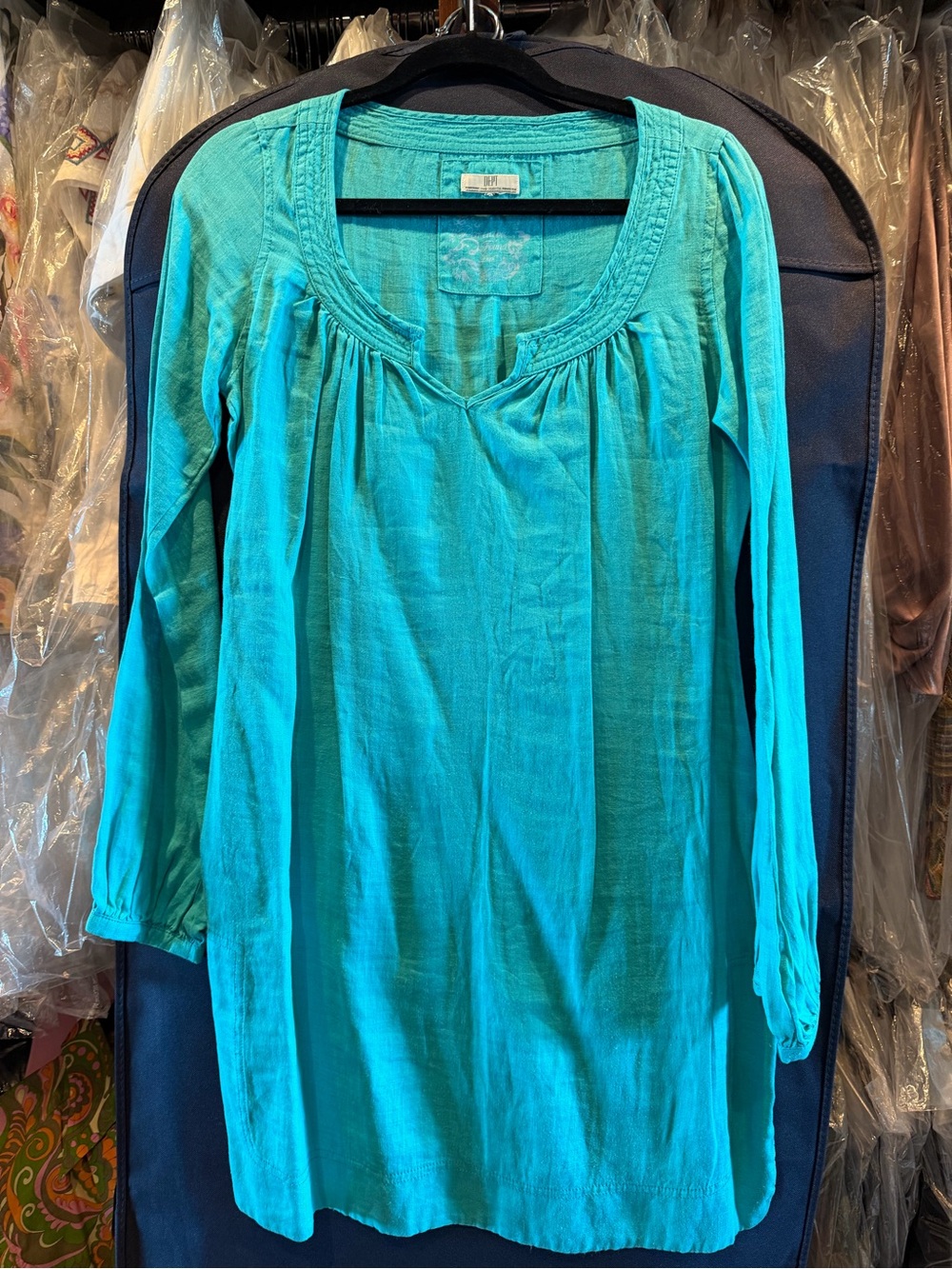 Dept Paradise Found Linen Women’s Long-Sleeve Peasant Dress- Turquoise Small